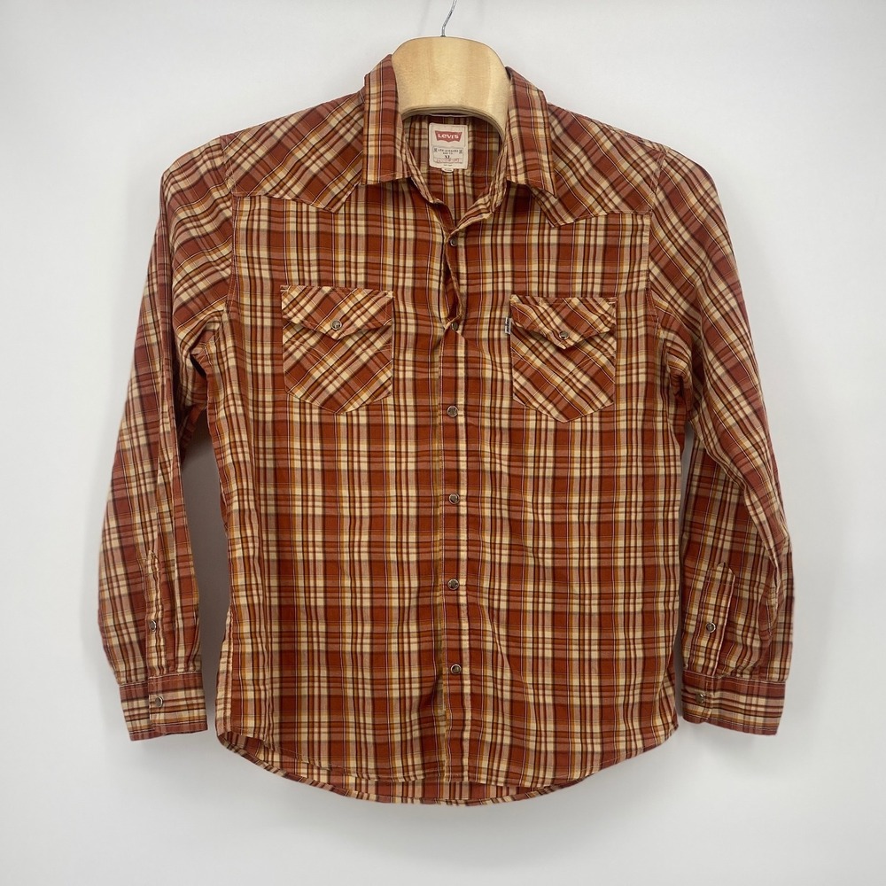 Levis Western Shirt XL Orange Plaid Excellent Long Sleeve Snap Front Yoke